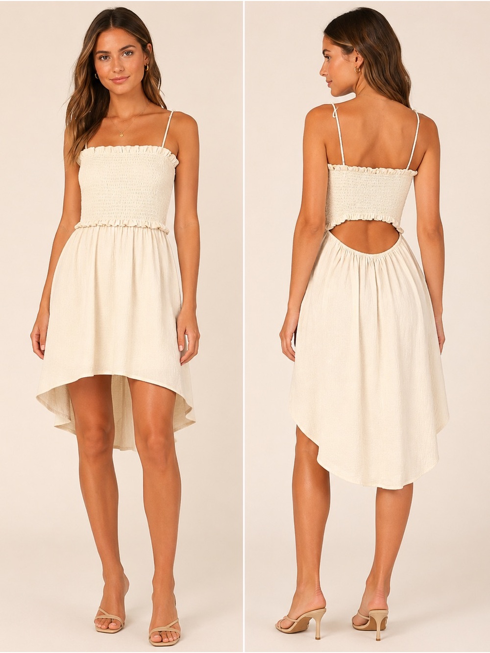 Forever 21 Cream Smocked Spaghetti-Strap High-Low Dress